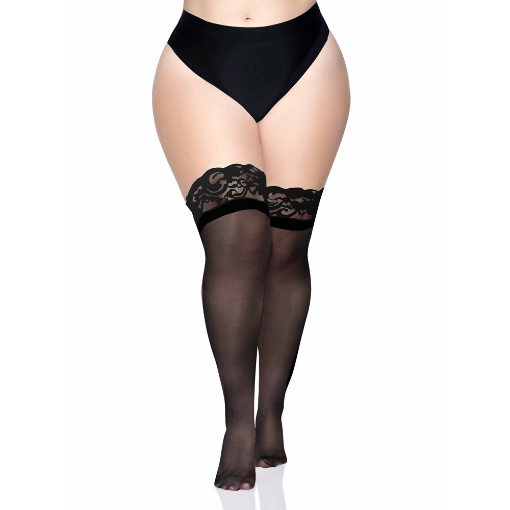These plus-size sheer stay-up thigh-highs have silicone-reinforced lace tops for a sexy look that stays put without suspenders. Black.