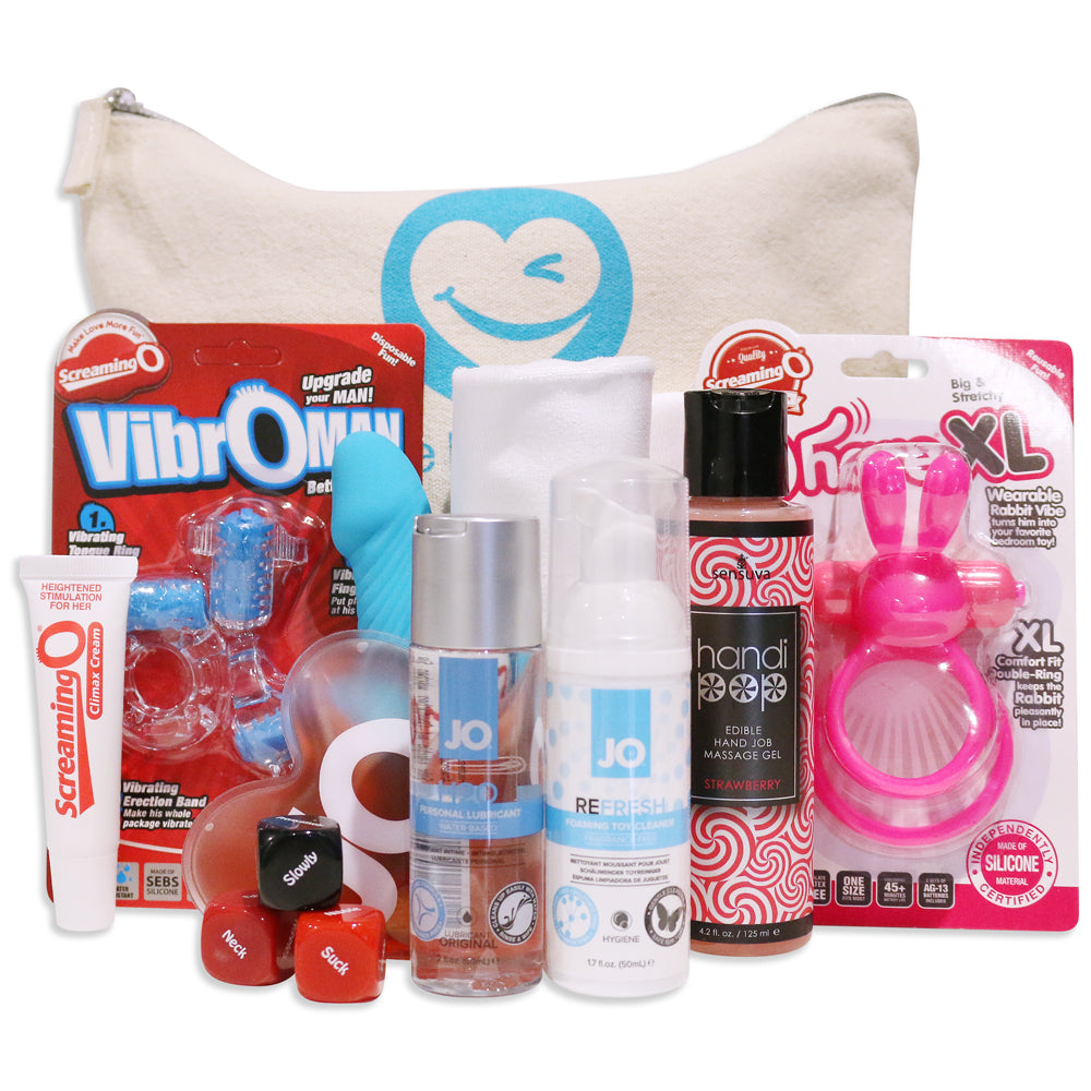This Xmas gift pack comes with a bunch of sexy goodies including vibrating couples' toys, clitoral stimulant cream, lubricant, toy cleaner & more! Buy it online!