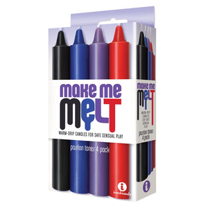 Make Me Melt Warm-Drip Candles 4-Pack. Bring wax & temperature play to the bedroom with these paraffin drip candles! They impart a tinge of heat when dripped on the skin & come in a range of colours. Passion tones.