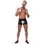 Male Power Butt-Ler Costume channels the Chippendale dancer look, including tuxedo-style trunks, wrist cuffs & a collar w/ an attached bowtie. 