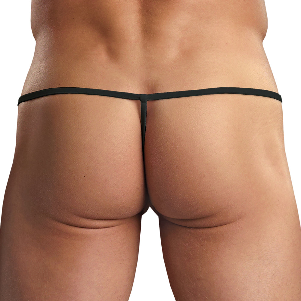 This men's thong is made from stretchy fabric for a comfortable fit & supports your package in a seamed pouch while revealing your buns. Black. (3)