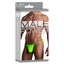 This men's thong is made from stretchy fabric for a comfortable fit & supports your package in a seamed pouch while revealing your buns. Lime-package.