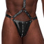 Male Power Fetish Gladiator Wet Look Studded Thong Harness combines faux leather wet look material, stud details & O-rings to create a thong harness w/ a built-in collar & leash compatibility. (2)