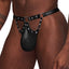Male Power Fetish Jouster Wet Look Cutout Studded G-String has faux leather, stud details & O-rings that are compatible w/ leashes + other BDSM accessories for more fun. (2)
