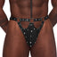 Male Power Fetish Tormentor Wet Look Studded Thong & Choker is made from wet look material & has a cheeky thong design w/ built-in adjustable choker. (2)