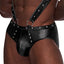Male Power Fetish Uranus Wet Look Backless Jock Brief Harness in a suspender harness w/ backless jock briefs to boost your buns.