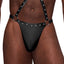 Male Power Fetish Warrior Wet Look Studded Thong X-Harness has a thong rear & criss-cross chest straps, studs + O-ring details to play w/ other BDSM accessories. (2)
