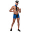 Male Power Officer Frisk-Em Sexy Police Costume has black & blue shorts w/ zip-front for fast access to your intimate assets, clip-on badge & collar w/ attached tie.