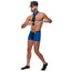 Male Power Officer Frisk-Em Sexy Police Costume has black & blue shorts w/ zip-front for fast access to your intimate assets, clip-on badge & collar w/ attached tie. (3)