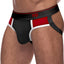 Male Power Retro Sport Panel Jockstrap features a colour-block design for a vintage varsity aesthetic & has supportive leg bands to boost your buns. Black/Red.
