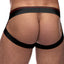 Male Power Retro Sport Panel Jockstrap features a colour-block design for a vintage varsity aesthetic & has supportive leg bands to boost your buns. Black/Red. (2)