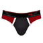 Male Power Retro Sport Panel Jockstrap features a colour-block design for a vintage varsity aesthetic & has supportive leg bands to boost your buns. Black/Red. (6)