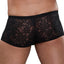 Male Power Stretch Lace Mini Shorts are made from stretchy floral lace w/ a comfort-fit pouch to support & accentuate your package. Black. (5)