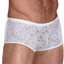 Male Power Stretch Lace Mini Shorts are made from stretchy floral lace w/ a comfort-fit pouch to support & accentuate your package. White.