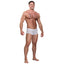 Male Power Stretch Lace Mini Shorts are made from stretchy floral lace w/ a comfort-fit pouch to support & accentuate your package. White. (2)