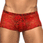 Male Power Stretch Lace Mini Shorts are made from stretchy floral lace w/ a comfort-fit pouch to support & accentuate your package. Red.