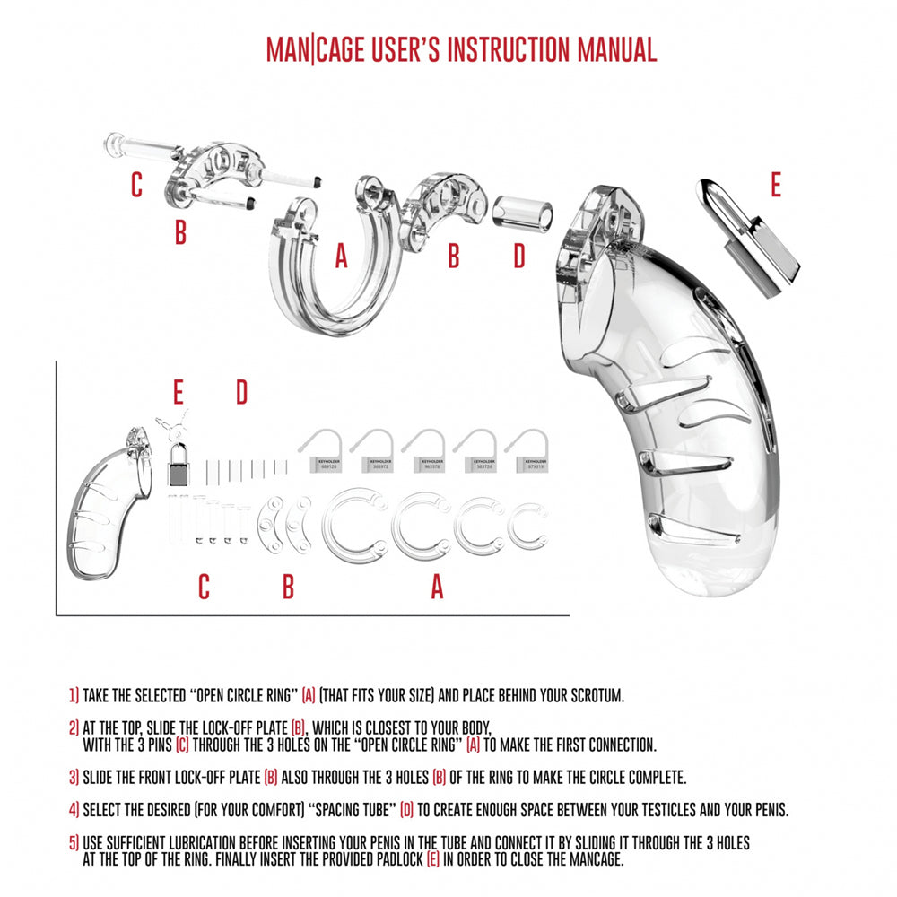 ManCage - 3.5" Cock Cage - Model 02 has underside vents & urination openings, fits a variety of men's sizes & comes with locks for inescapable chastity play. Clear. How to use.