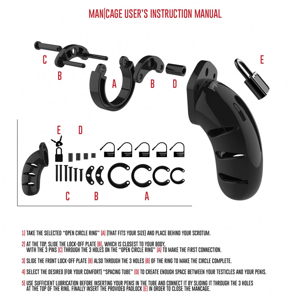 ManCage - 3.5" Cock Cage - Model 02 has underside vents & urination openings, fits a variety of men's sizes & comes with locks for inescapable chastity play. Black. How to use.