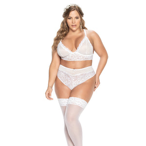 Mapale Cross-Back Button Lace Bra & Keyhole Panty Set has sheer striped cups & panty waistband w/ cute triple buttons & butterfly-like lace in the rear + a cheeky keyhole.