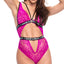 Mapale Hands Off Sheer Lace Strappy Cutout Bodysuit has 'HANDS OFF' printed on the elastic underbust & waistband w/ alluring strappy bust detail, front & back cutouts + Brazilian coverage. Hot pink.