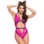 Mapale Hands Off Sheer Lace Strappy Cutout Bodysuit has 'HANDS OFF' printed on the elastic underbust & waistband w/ alluring strappy bust detail, front & back cutouts + Brazilian coverage. Hot pink. (2)