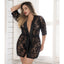 This robe for curvy figures is made from scalloped floral lace w/ half-sleeves & satin lapels + removable waist sash for your best fit. Black. (2)