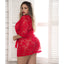 This robe for curvy figures is made from scalloped floral lace w/ half-sleeves & satin lapels + removable waist sash for your best fit. Red. (6)