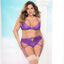 This plus-size lingerie set is made from sheer purple mesh w/ strappy trim that contours your body & sexy cutouts via G-hook closures. Editorial.