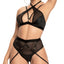 Mapale Strappy Mesh Lingerie Set With Wraparound Thigh Garter includes a mesh & wet look halter bralette + high-waisted thong w/ strappy cleavage, navel & criss-cross wraparound thigh garter.