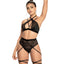 Mapale Strappy Mesh Lingerie Set With Wraparound Thigh Garter includes a mesh & wet look halter bralette + high-waisted thong w/ strappy cleavage, navel & criss-cross wraparound thigh garter. (2)