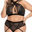Mapale Strappy Mesh Lingerie Set With Wraparound Thigh Garter - Curvy includes a mesh & wet look halter bralette + high-waisted thong w/ strappy cleavage & navel + criss-cross wraparound thigh garter.