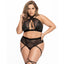 Mapale Strappy Mesh Lingerie Set With Wraparound Thigh Garter - Curvy includes a mesh & wet look halter bralette + high-waisted thong w/ strappy cleavage & navel + criss-cross wraparound thigh garter. (2)
