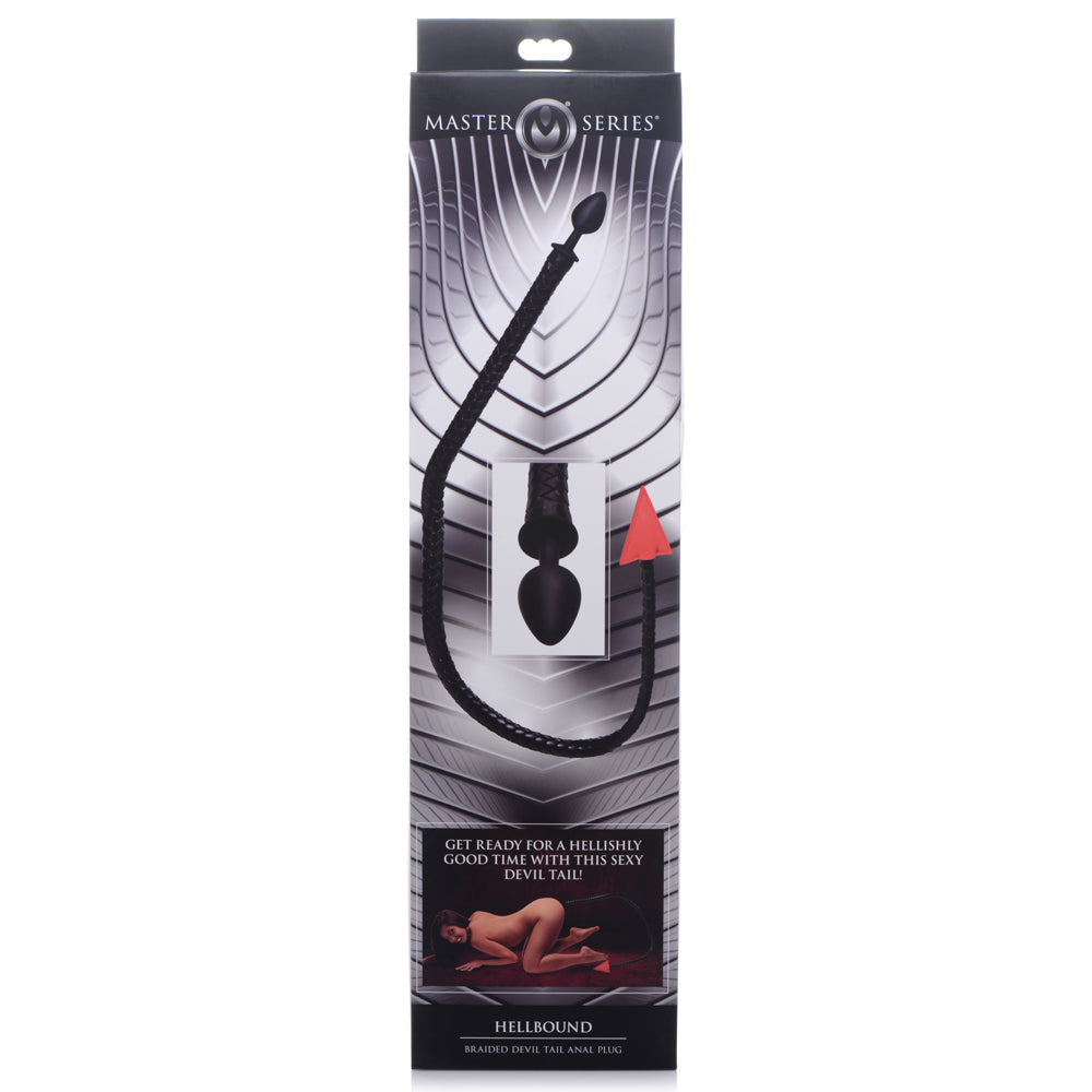 Master Series - Hellbound Braided Devil Tail Anal Plug has a 1m braided PU leather tail w/ a red tail tip & solid handle for kinky impact play. Package.