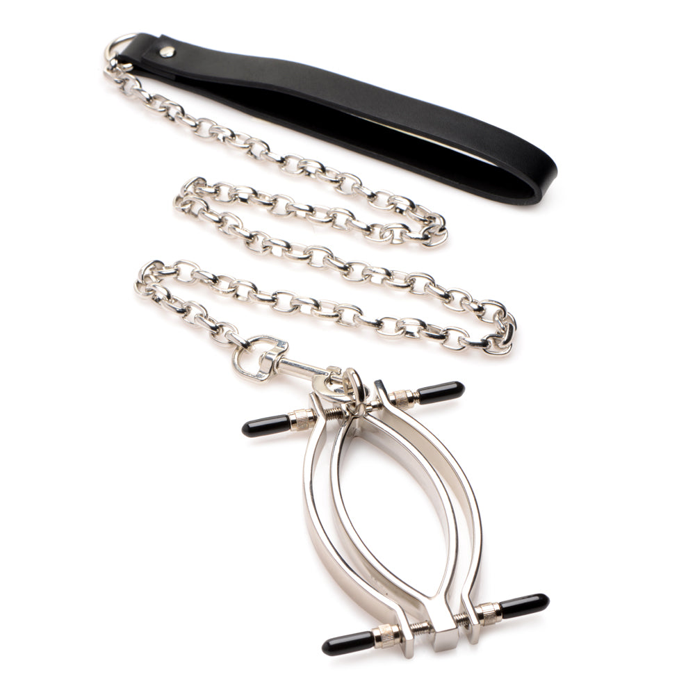 Master Series Pussy Tugger Adjustable Pussy Clamp adjusts to put the perfect amount of pressure on your sub's labia & includes a leash for pulling the clamp to stimulate the wearer. (5)