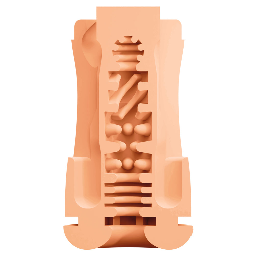 Maxtasy Nude Sleeve for vibration master masturbator has a smooth non-anatomical opening that snugly grips you as the varied interior texture delivers 360° stimulation. Cross section.