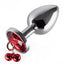 Metal Gem Butt Plug With Bells & Chain Leash - Large has detachable bells & a chain leash for tugging & leading the wearer around. Red.