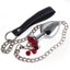 Metal Gem Butt Plug With Bells & Chain Leash - Large has detachable bells & a chain leash for tugging & leading the wearer around. Red with chain leash.