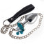 Metal Gem Butt Plug With Bells & Chain Leash - Large has detachable bells & a chain leash for tugging & leading the wearer around. Blue with chain leash.