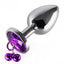 Metal Gem Butt Plug With Bells & Chain Leash - Large has detachable bells & a chain leash for tugging & leading the wearer around. Violet.