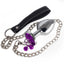 Metal Gem Butt Plug With Bells & Chain Leash - Large has detachable bells & a chain leash for tugging & leading the wearer around. Violet with chain leash.