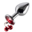 Metal Gem Butt Plug With Bells & Chain Leash - Medium has detachable bells & a chain leash for tugging the plug & leading the wearer around. Red.
