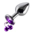 Metal Gem Butt Plug With Bells & Chain Leash - Medium has detachable bells & a chain leash for tugging the plug & leading the wearer around. Violet.