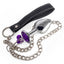 Metal Gem Butt Plug With Bells & Chain Leash - Medium has detachable bells & a chain leash for tugging the plug & leading the wearer around. Violet with chain leash.