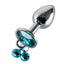 Metal Gem Butt Plug With Bells & Chain Leash - Small has detachable bells & chain leash for uniquely stimulating backdoor fun that looks as good as it feels. Blue.