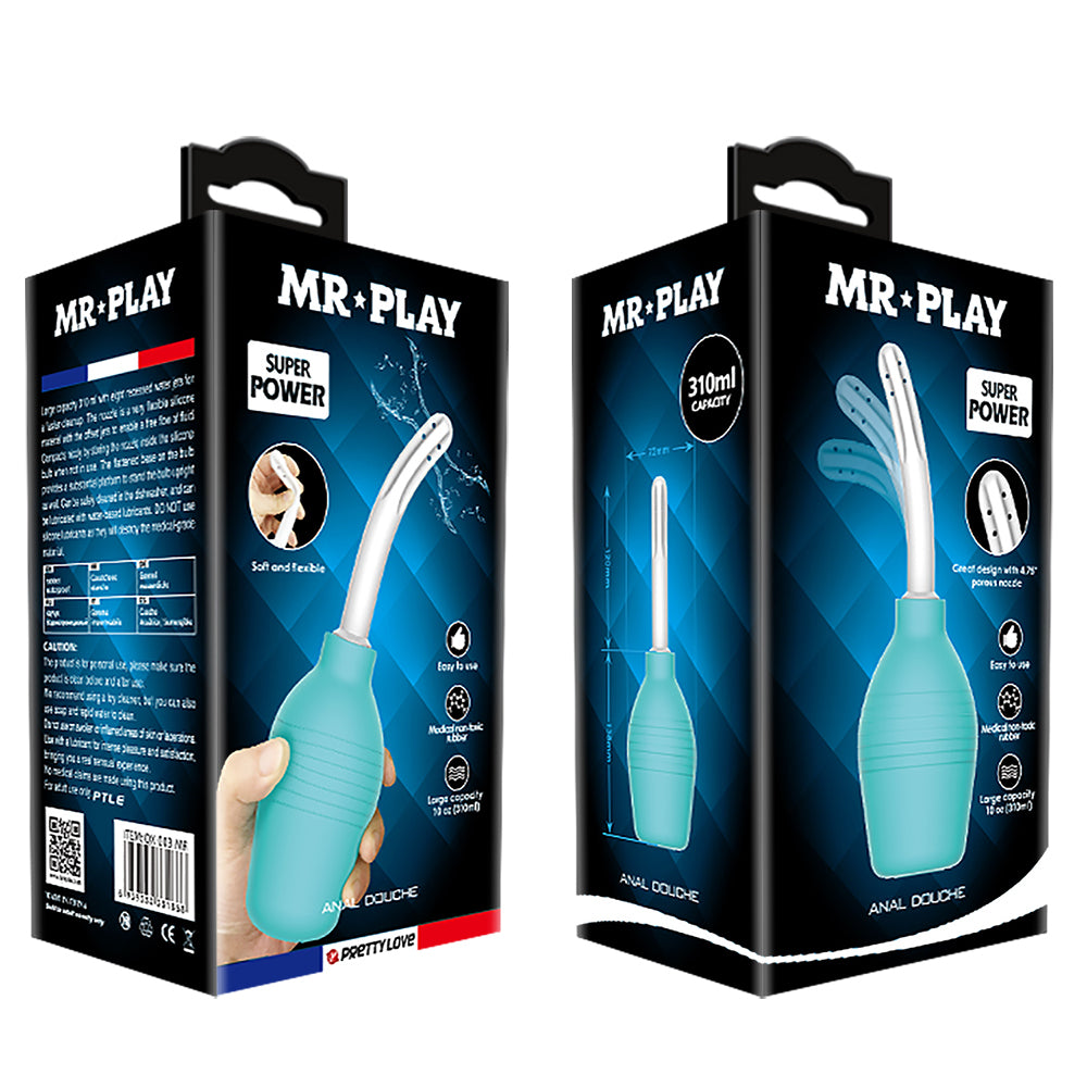 Mr Play - Super Power Anal Douche - 310ml anal douche has a multi-directional spray in a flexible nozzle & a flat-bottomed silicone bulb. package