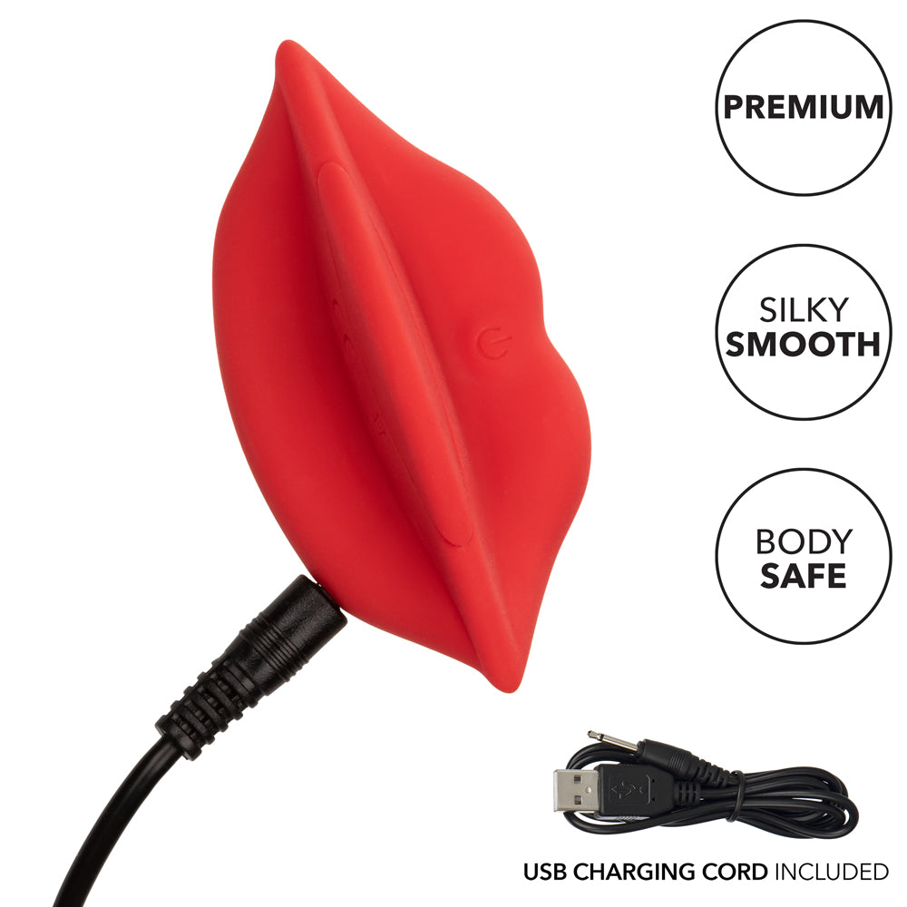 Naughty Bits Muah Mini Vibrator - palm-sized handheld massager fits perfectly between your fingers & delivers 10 awesome vibration patterns through its fun lip-shaped design. Red 9