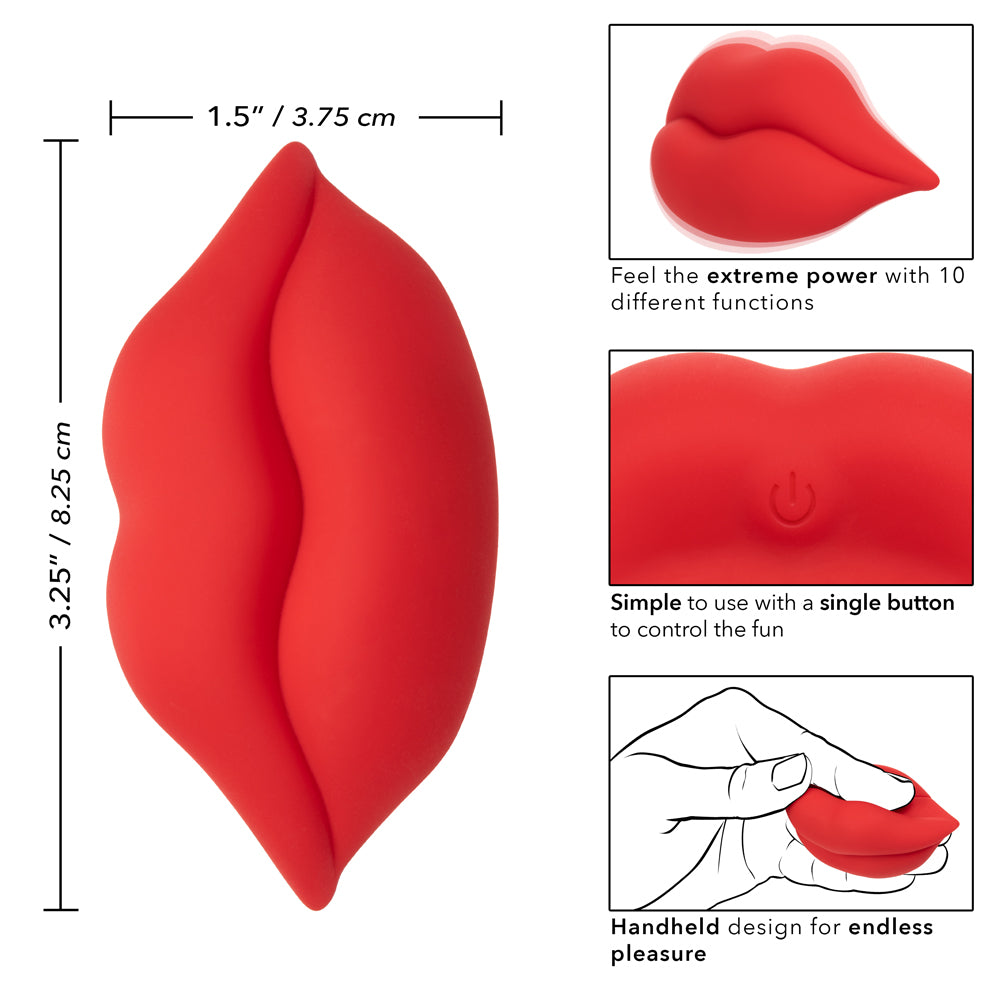 Naughty Bits Muah Mini Vibrator - palm-sized handheld massager fits perfectly between your fingers & delivers 10 awesome vibration patterns through its fun lip-shaped design. Red 8