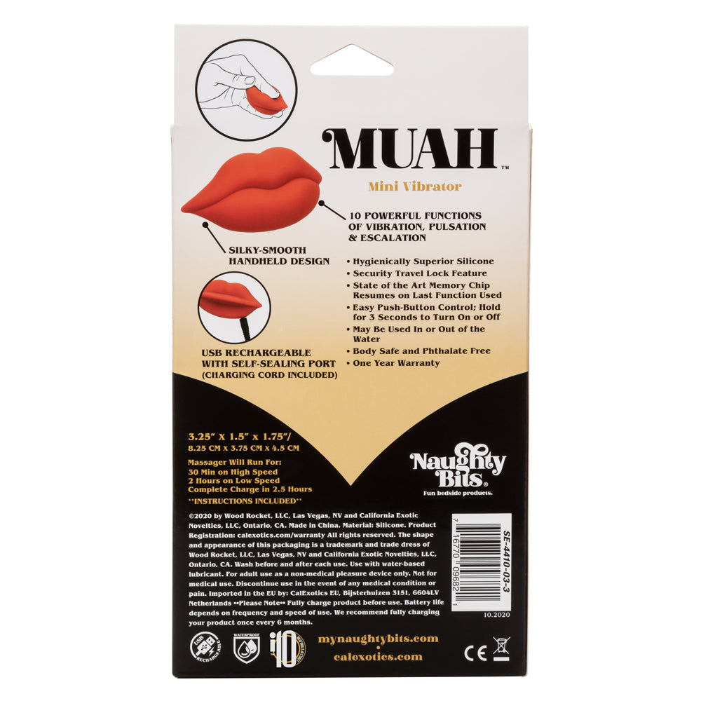Naughty Bits Muah Mini Vibrator - palm-sized handheld massager fits perfectly between your fingers & delivers 10 awesome vibration patterns through its fun lip-shaped design. Red, back of box