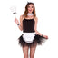 Music Legs French Maid Costume 5-Piece Accessories Kit includes a headband, choker, faux feather duster, waist apron & 2 wrist cuffs in white lace & black trim w/ ribbon.