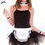 Music Legs French Maid Costume 5-Piece Accessories Kit includes a headband, choker, faux feather duster, waist apron & 2 wrist cuffs in white lace & black trim w/ ribbon. (2)